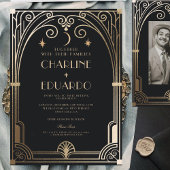 Invitation Mariage classique Art Déco élégant Black Gold des