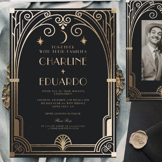 Invitation Mariage classique Art Déco élégant Black Gold des 