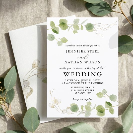 Invitation Mariage Classique au Feuillage de Eucalyptus Vert