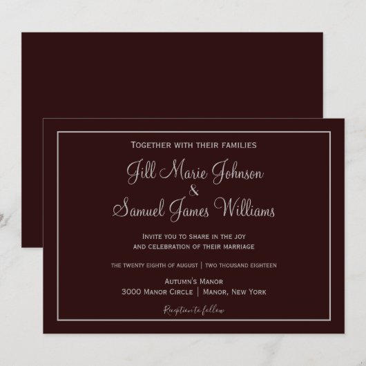 Invitation Mariage Classique au Prune et Gris Foncé (Devant / Derrière)