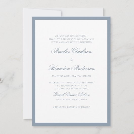 Invitation Mariage Classique avec Bordure Bleue Poussiéreuse (Devant)