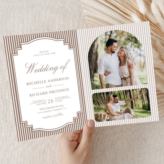 Invitation Mariage classique avec code QR photo marron rayé