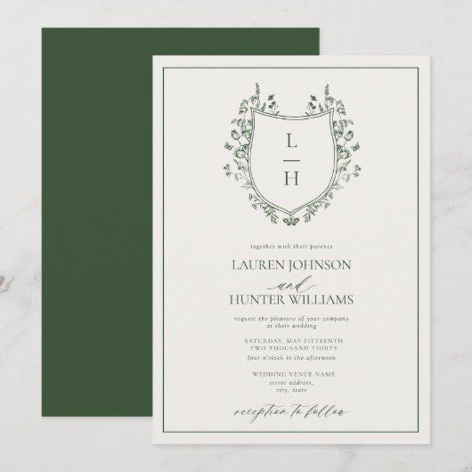 Invitation Mariage classique avec monogramme et blason de fle (Devant / Derrière)