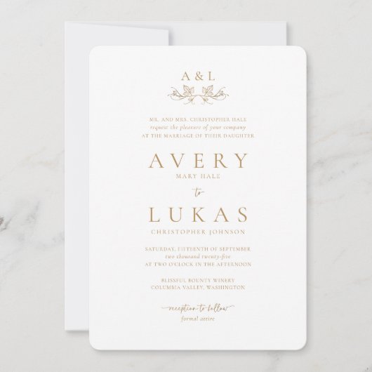 Invitation Mariage classique blanc et or (Devant)