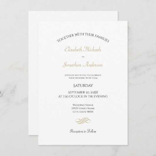 Invitation Mariage classique blanc et or simple (Devant / Derrière)