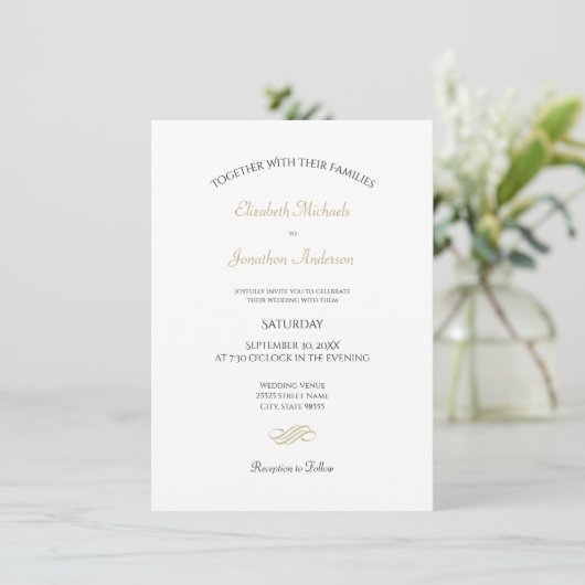 Invitation Mariage classique blanc et or simple (Debout devant)