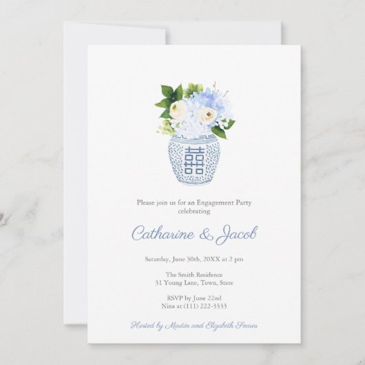 Invitation Mariage classique bleu blanc pot de gingembre fian (Devant)