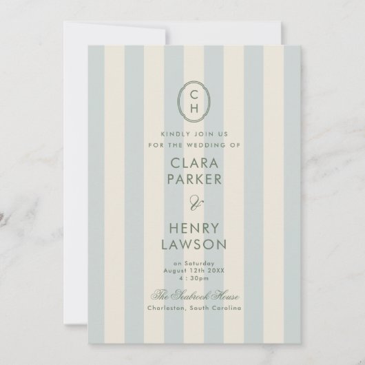 Invitation Mariage classique bleu clair rayé Monogramme (Devant)