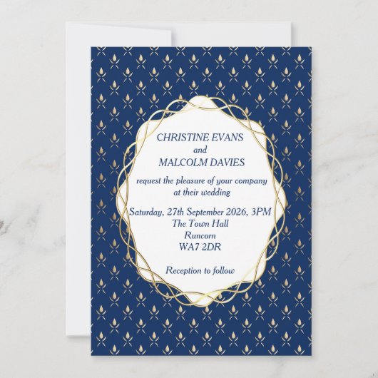 Invitation Mariage classique bleu et or (Devant)