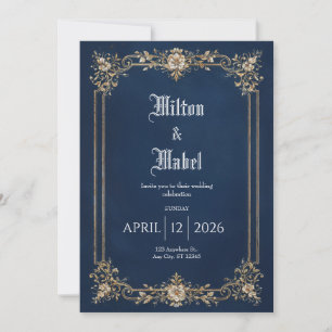 Invitation Mariage Classique Bleu Marine avec Broderie Dorée 