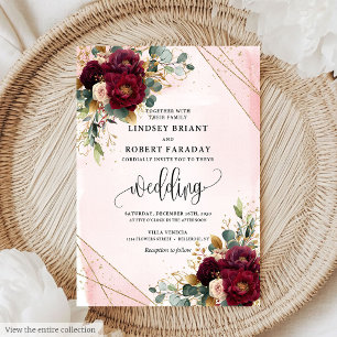 Invitation Mariage classique Boho Merlot or Fleurs blanches