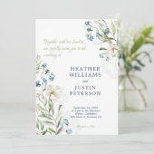 Invitation Mariage classique botanique bleu et vert (Debout devant)