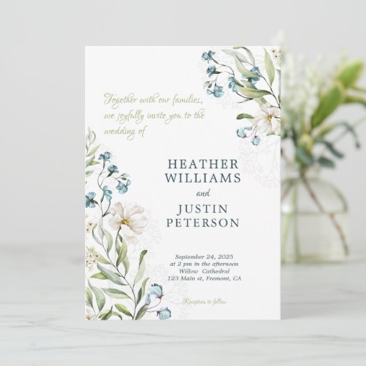 Invitation Mariage classique botanique bleu et vert (Debout devant)