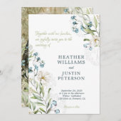 Invitation Mariage classique botanique bleu et vert (Devant / Derrière)