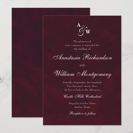 Invitation Mariage Classique Bourgogne Profond Monogramme Scr (Devant / Derrière)