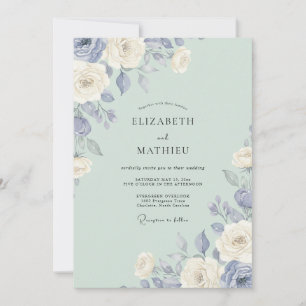 Invitation Mariage Classique Céladon Pervenche Pivoine