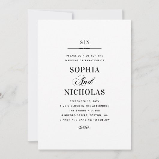Invitation Mariage classique classique noir et blanc (Devant)