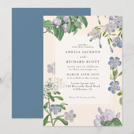 Invitation Mariage classique couleur bleu pâle (Devant / Derrière)