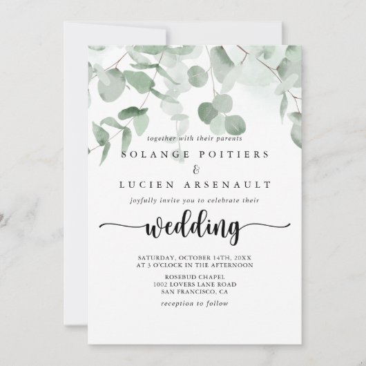 Invitation Mariage classique de feuillage vert Eucalyptus (Devant)