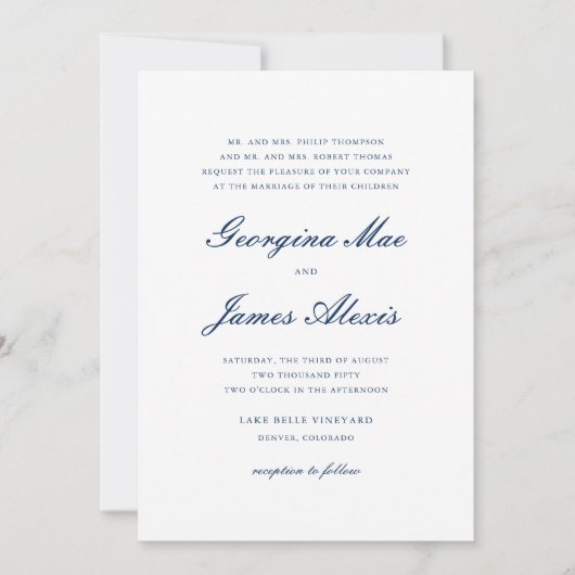 Invitation Mariage classique de la Navy Blue Bold Script (Devant)
