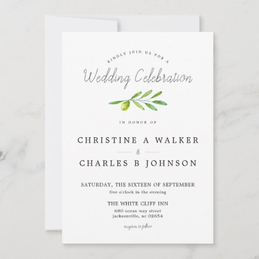 Invitation Mariage classique de script de branche d'olive (Devant)