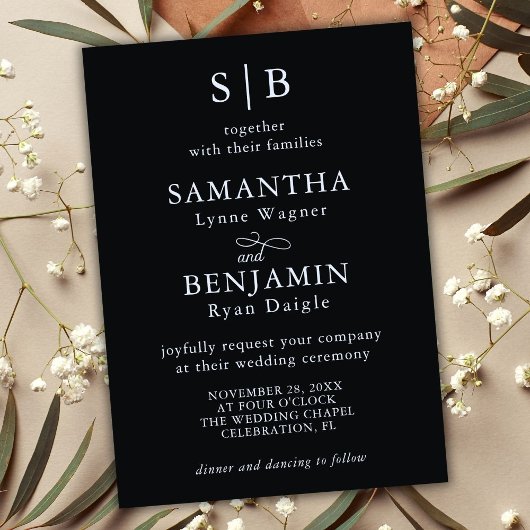 Invitation Mariage classique des initiales de monogramme noir