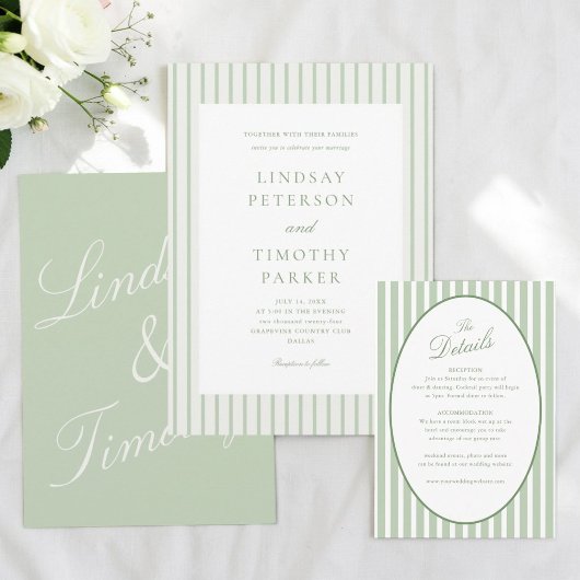 Invitation Mariage Classique d'Été Vert Sauge Rayé