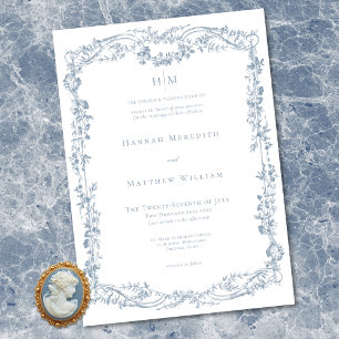 Invitation Mariage Classique Élégant Bleu Cadre Floral Délica