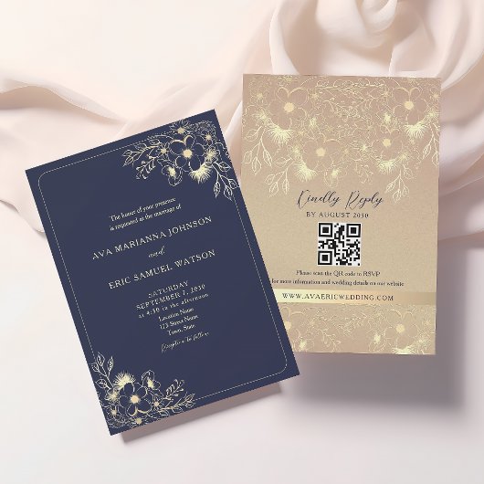 Invitation Mariage Classique Élégant Bleu Nuit