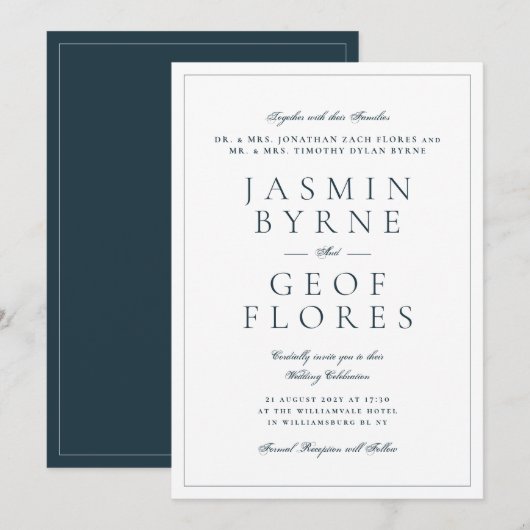 Invitation Mariage Classique Élégant Bleu Nuit et Blanc (Devant / Derrière)