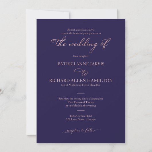 Invitation Mariage Classique Élégant Bleu Nuit Rose Or Script (Devant)