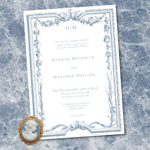 Invitation Mariage Classique Élégant Cadre Floral Bleu Poussi