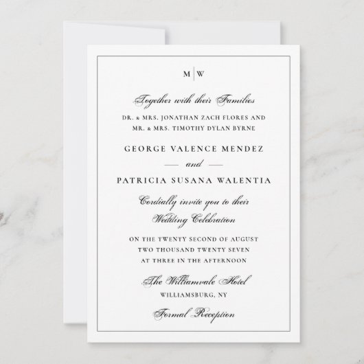 Invitation Mariage Classique Élégant Monogramme Blanc (Devant)