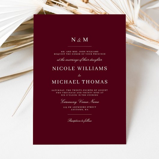 Invitation Mariage Classique Élégant Monogramme Bourgogne