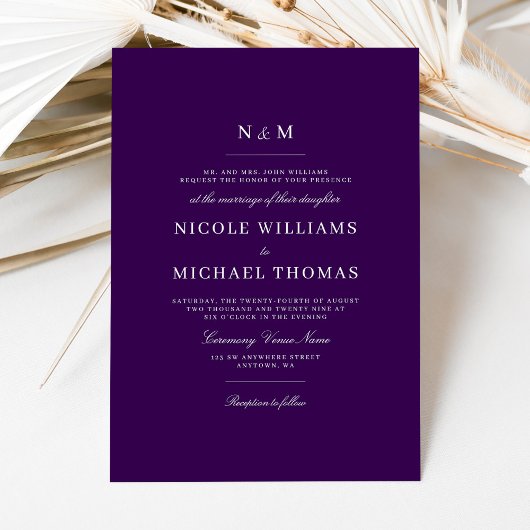 Invitation Mariage Classique Élégant Monogramme Violet Foncé