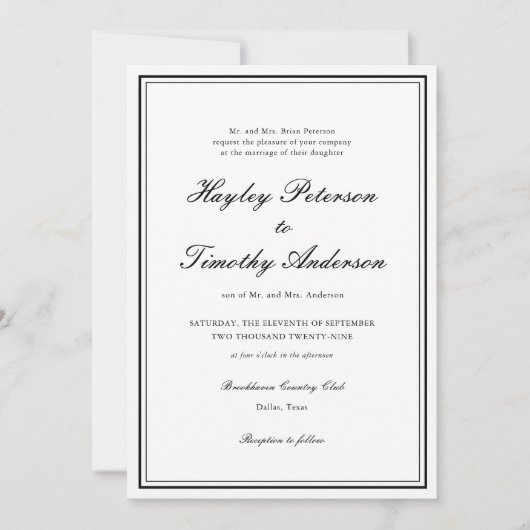 Invitation Mariage Classique Élégant Noir et Blanc (Devant)