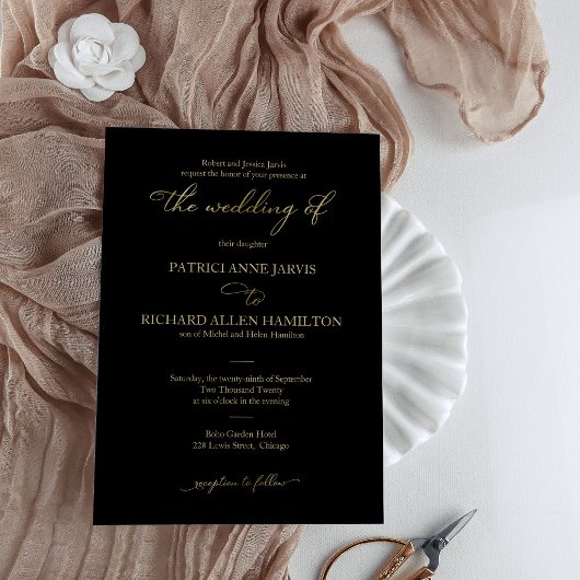 Invitation Mariage Classique Élégant Noir et Or