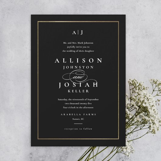 Invitation Mariage Classique Élégant Noir et Or