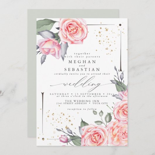 Invitation Mariage classique Elégante aquarelle rose Roses (Devant / Derrière)