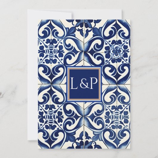 Invitation Mariage classique en carrelage espagnol bleu (Dos)