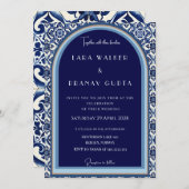 Invitation Mariage classique en carrelage espagnol bleu (Devant / Derrière)