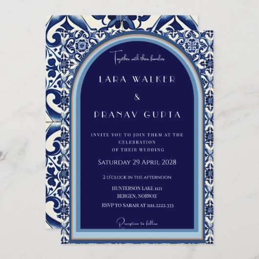 Invitation Mariage classique en carrelage espagnol bleu (Devant / Derrière)