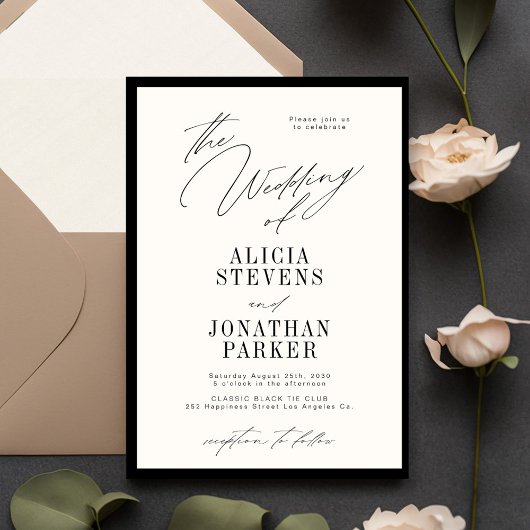 Invitation Mariage classique en typographie formelle noire et