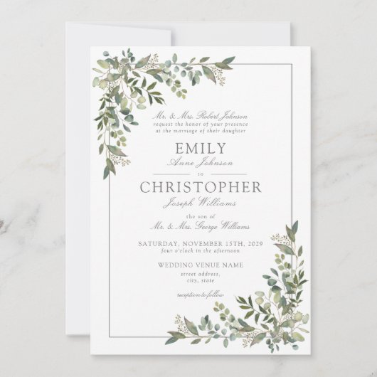 Invitation Mariage classique Eucalyptus Botanique Sage Vert (Devant)
