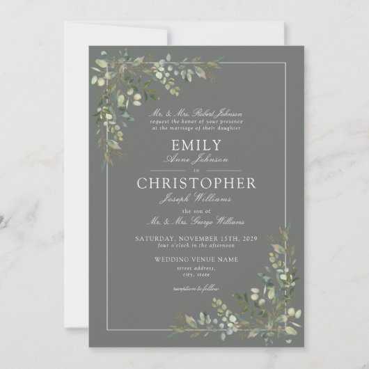 Invitation Mariage classique Eucalyptus Botanique Sage Vert (Devant)