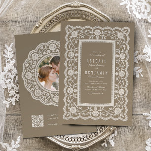 Invitation Mariage Classique Fleurie Vintage Dentelle Neutre
