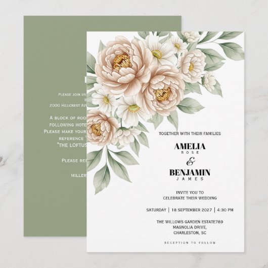 Invitation Mariage Classique Fleurs de Beige Doux et Verdure (Devant / Derrière)