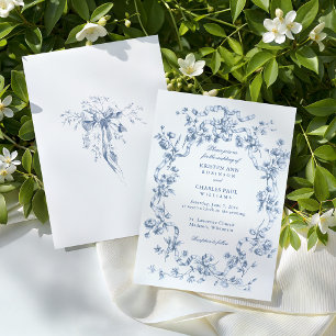 Invitation Mariage Classique Fleurs et Rubans Bleu Français