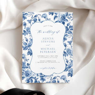 Invitation Mariage classique floral bleu blanc français