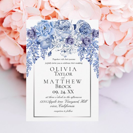 Invitation Mariage classique floral élégant de la marine de B